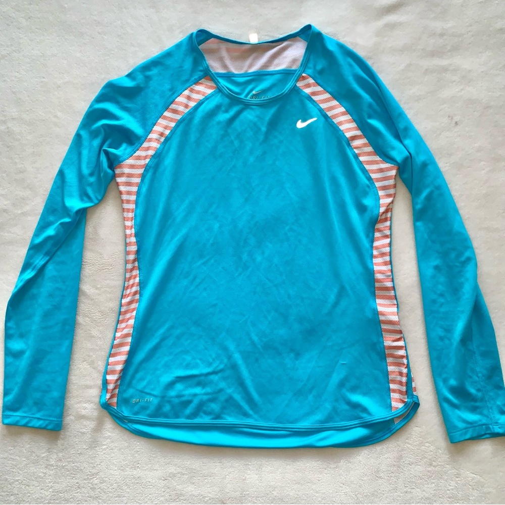 Nike Dri-Fit long-sleeve running shirt (blue and coral stripes)